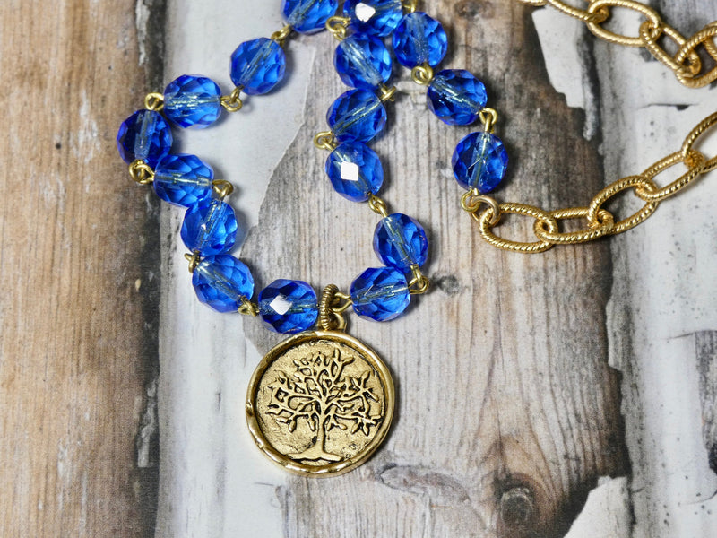 Tree of Life Necklace, blue rosary bead chain