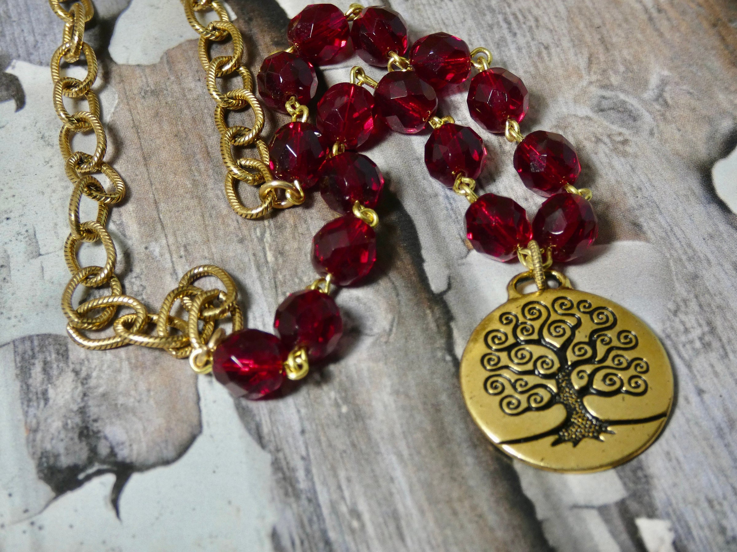 Tree of Life Necklace, red rosary bead chain