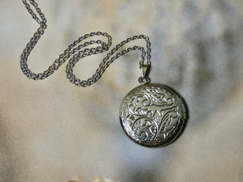 Circle Locket Necklace, Silver Flower Pattern