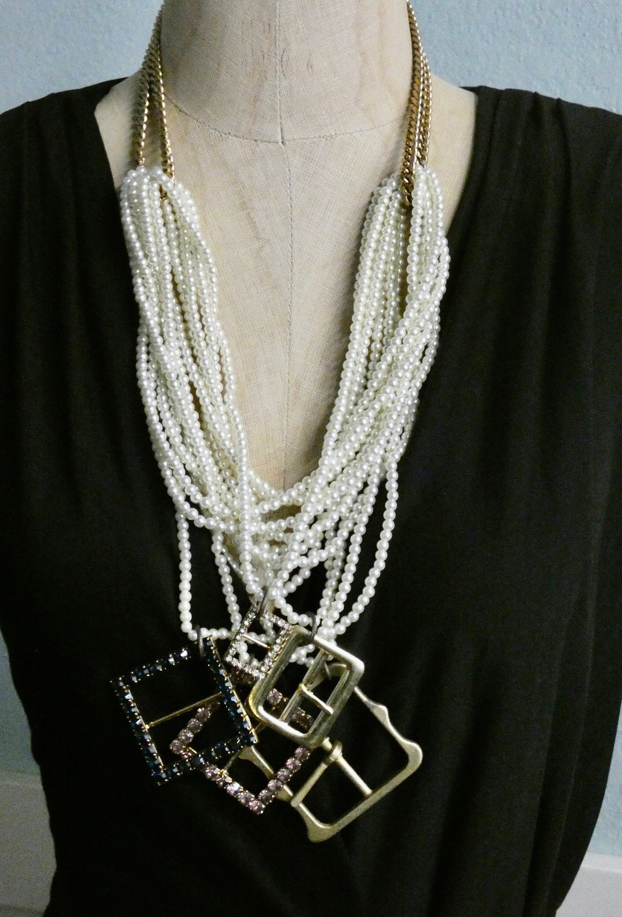 One of a Kind vintage pearls multi strand belt buckle necklace