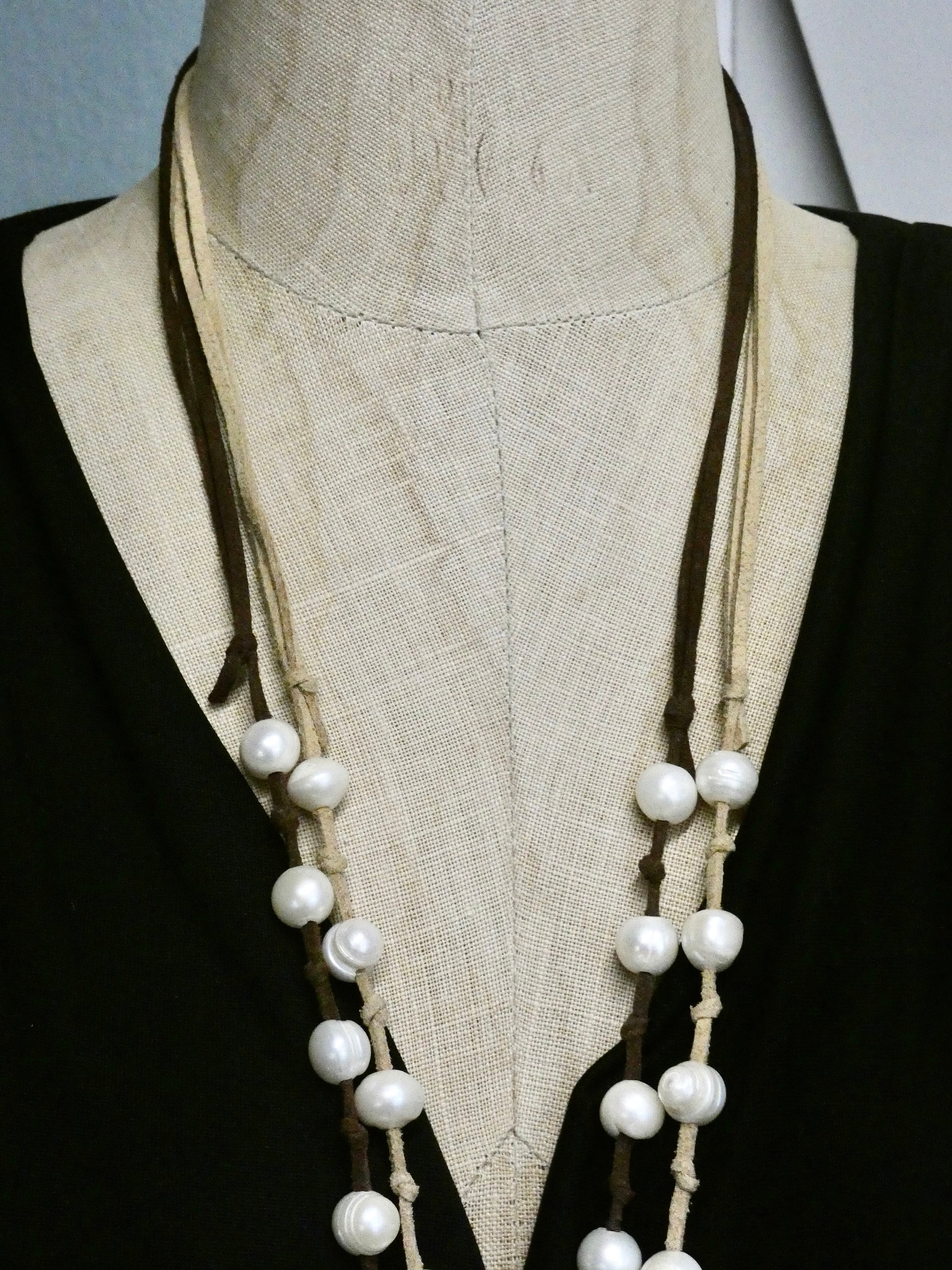 Pearl and Leather Necklace, suede tassel hand knotted long pendant, half pearl