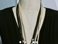 Pearl and Leather Necklace, suede tassel hand knotted long pendant, small size freshwater pearls