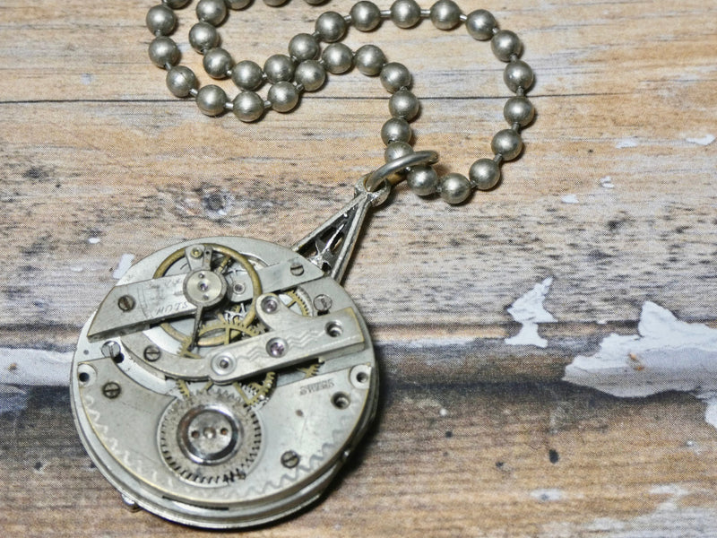Gear necklace, steampunk altered silver watch necklace