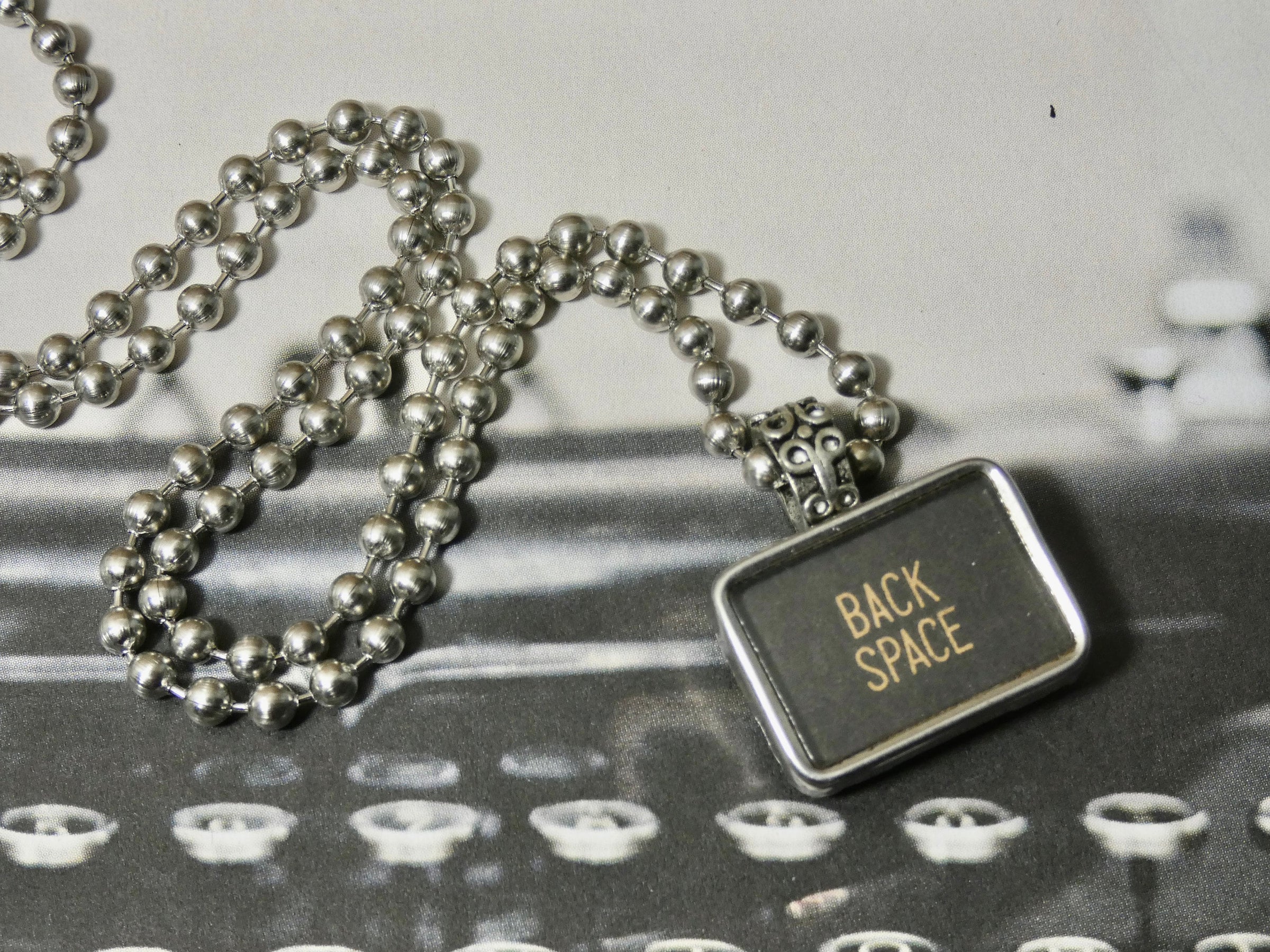Typewriter Necklace rectangle Tabular, Back Space, Authentic Typewriter Key pendant