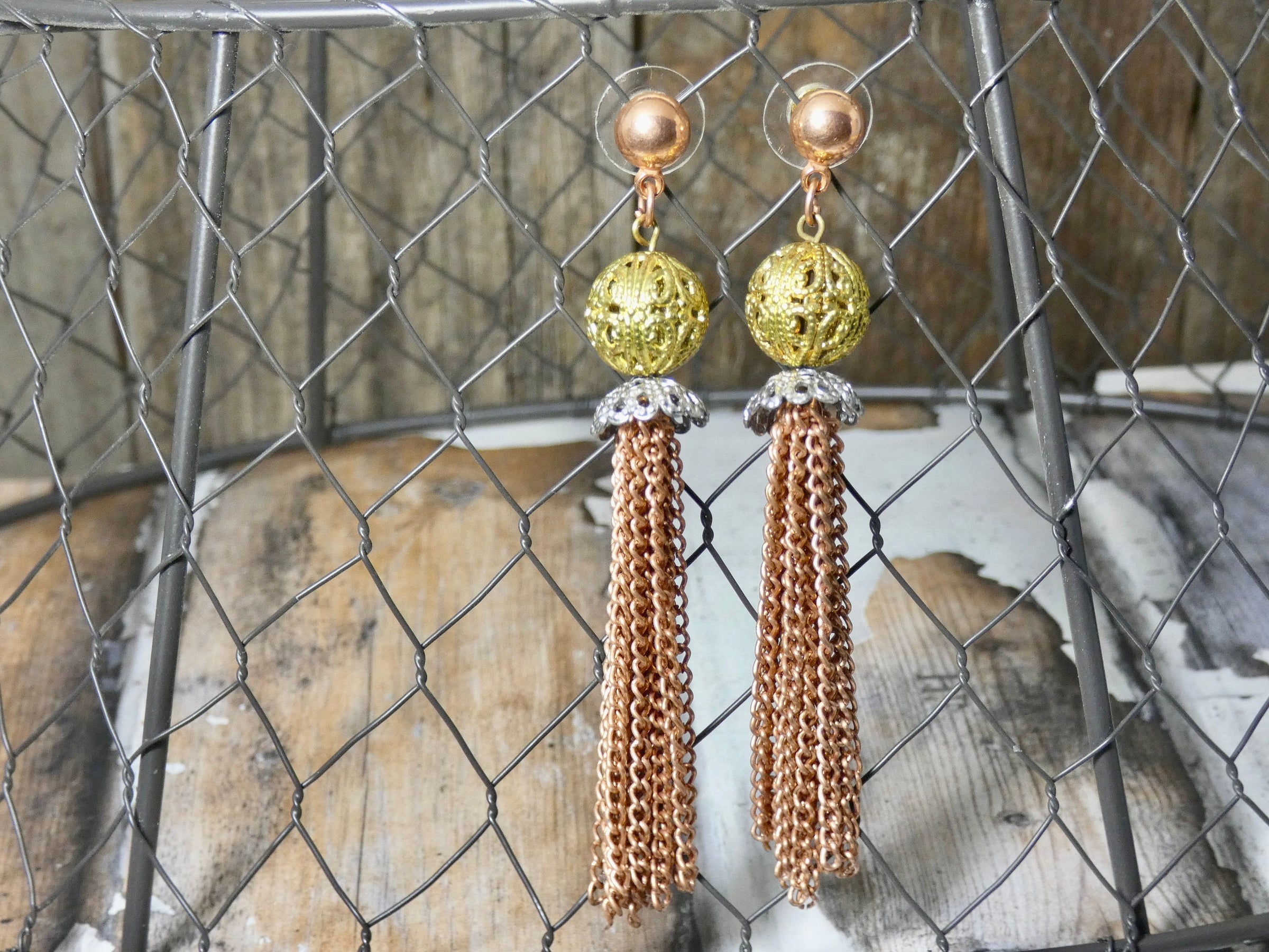 Vintage Tassel Earring, copper tassel with brass and silver mixed metal