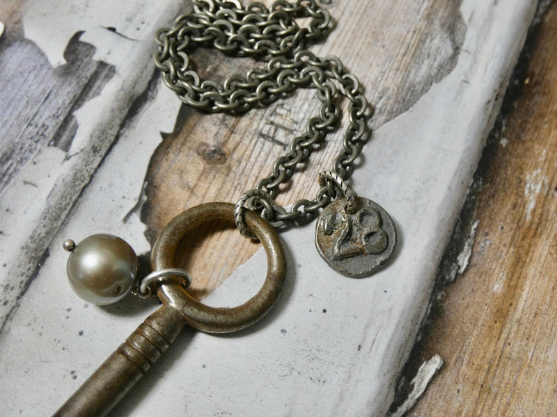 Vintage barrel key and date nail #28 necklace, antique silver chain