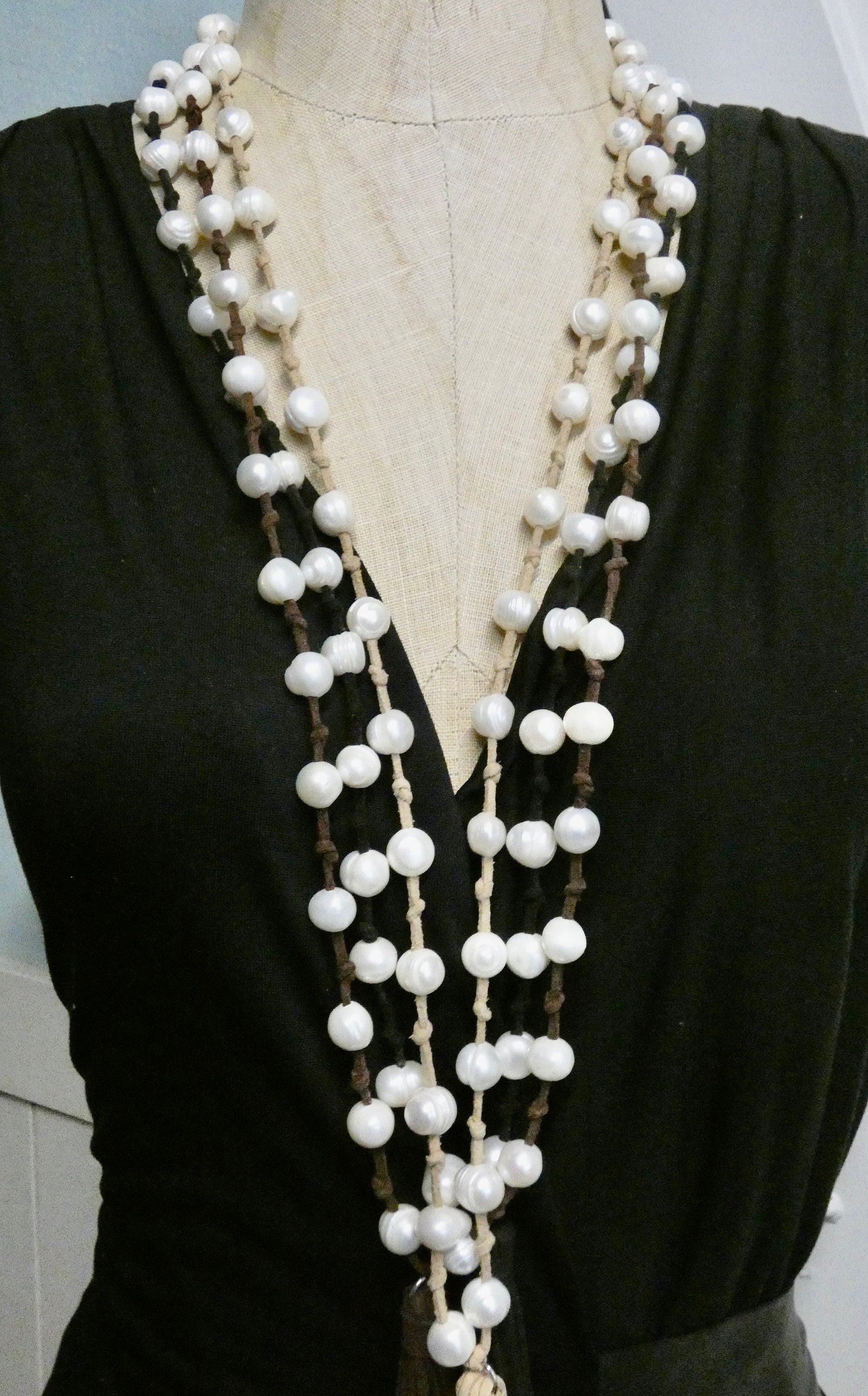 Pearl and Leather Necklace, suede tassel hand knotted long pendant, Boho Vibe Necklace