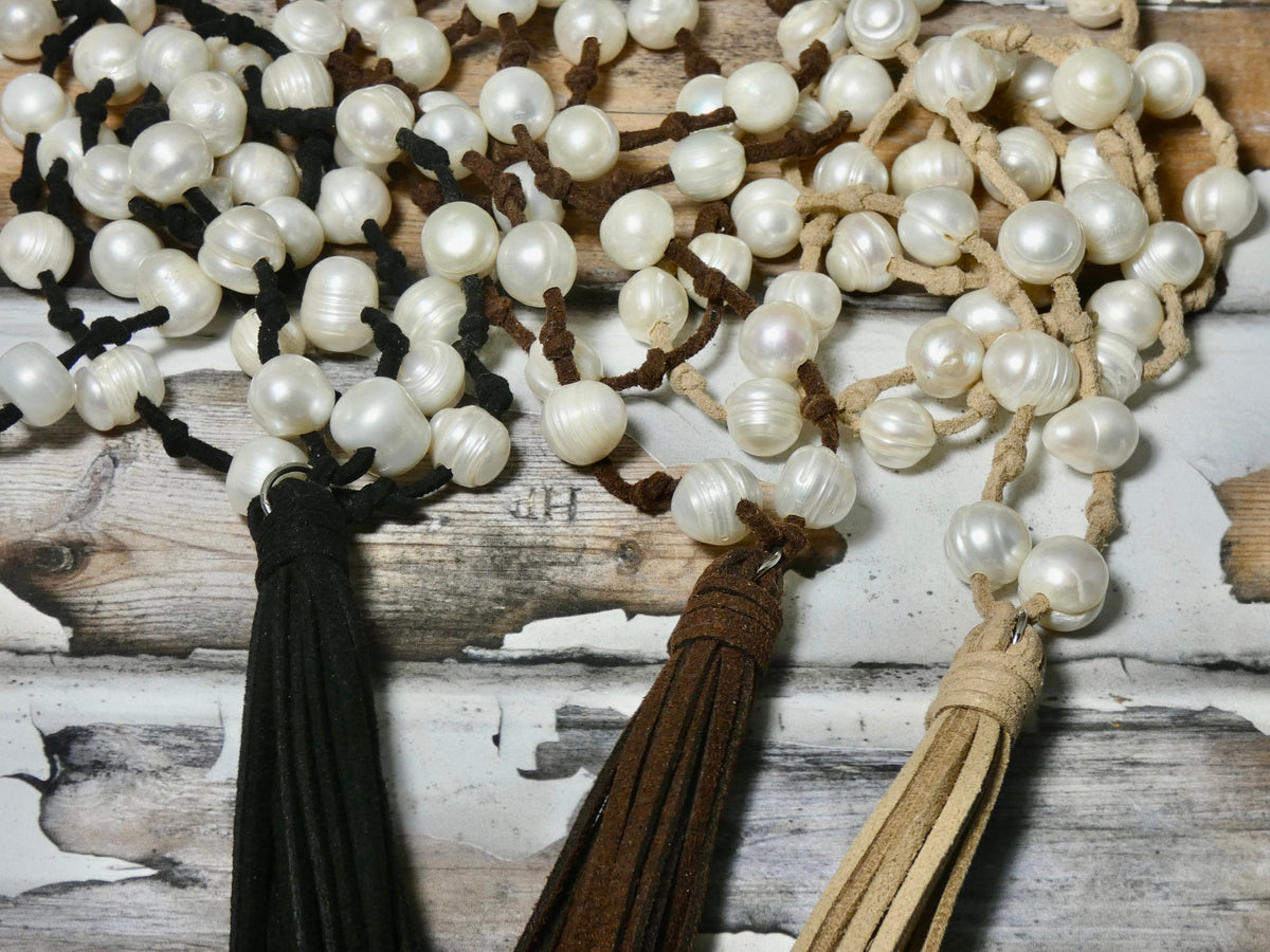 Pearl and Leather Necklace, suede tassel hand knotted long pendant, Boho Vibe Necklace