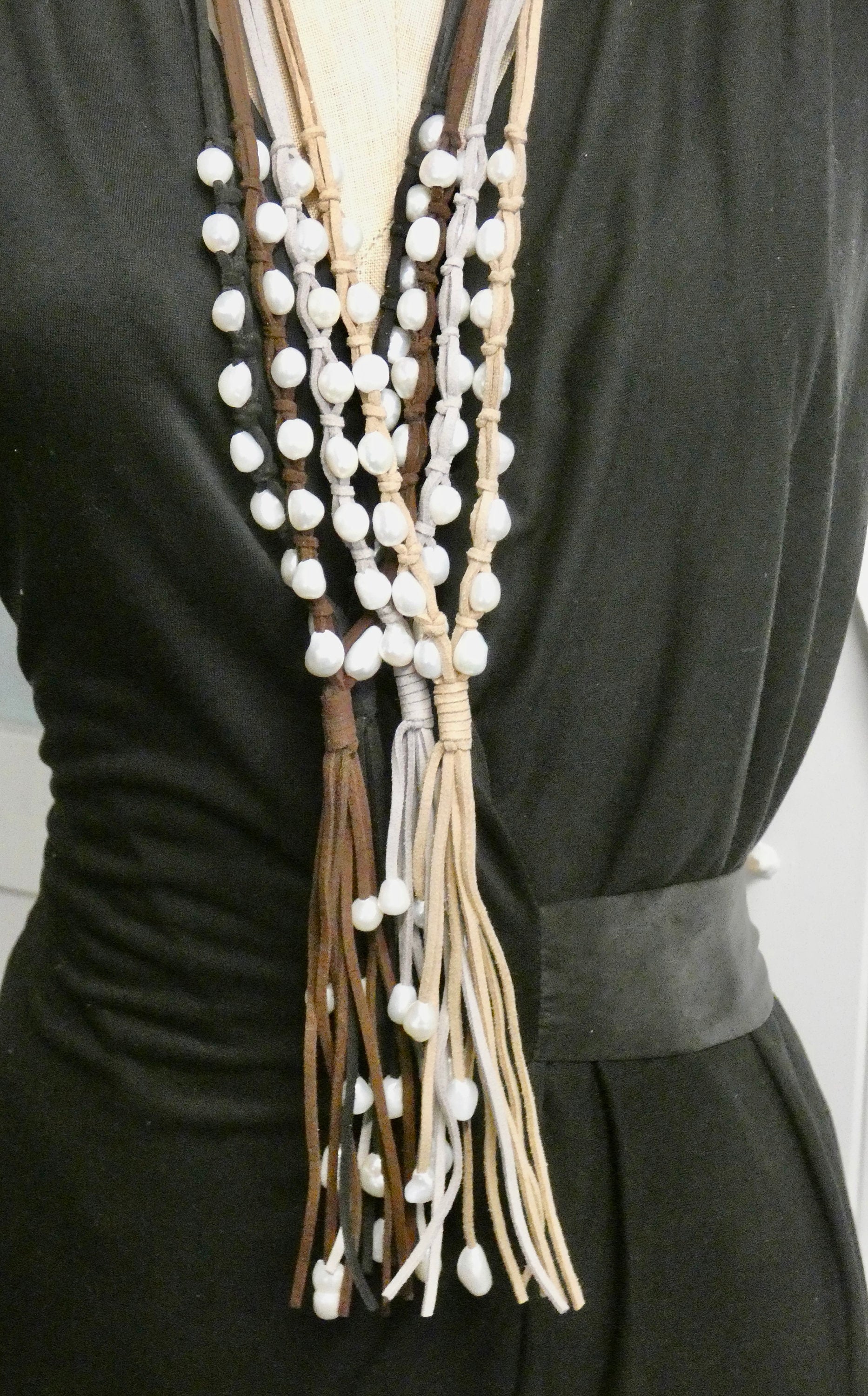 Pearl and Leather Necklace, suede tassel hand knotted long pendant, small size freshwater pearls