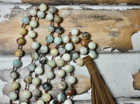 Beaded Leather Necklace, suede tassel hand knotted long pendant, Boho Vibe Necklace
