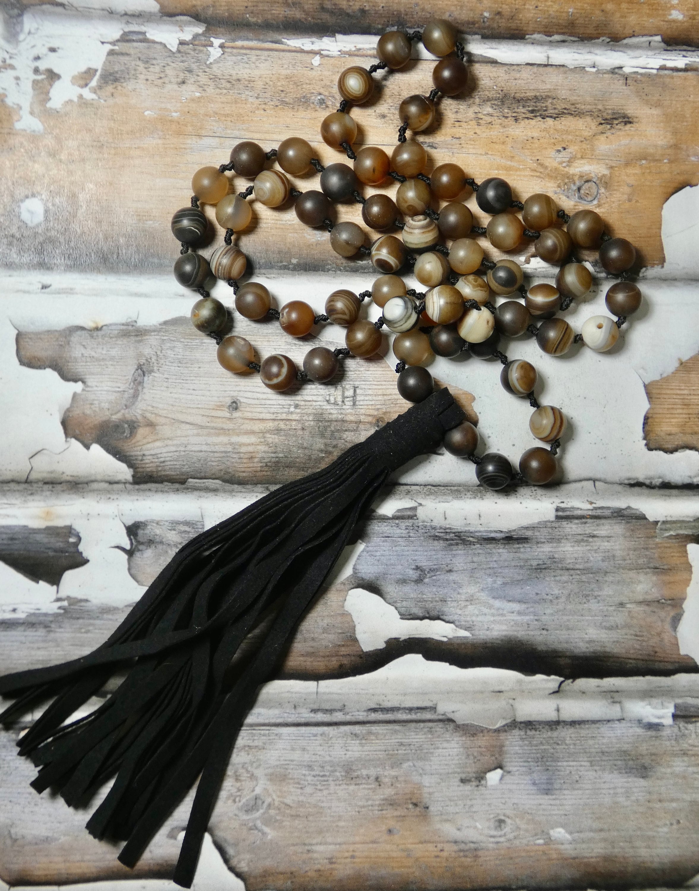 Beaded Leather Necklace, suede tassel hand knotted long pendant, Boho Vibe Necklace