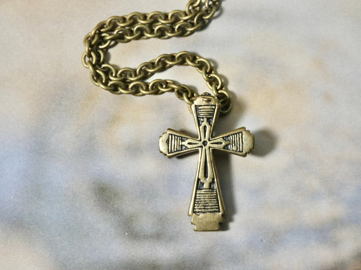 Cross Necklace, classic bronze cross pendant, religious gift for him or her