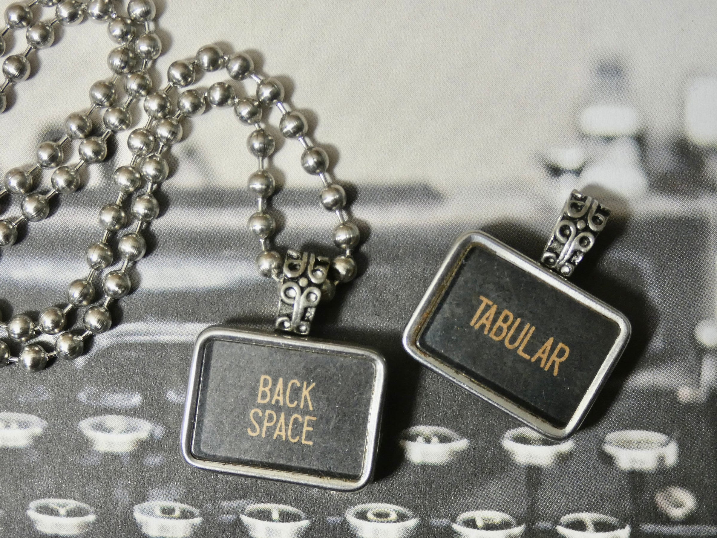 Typewriter Necklace rectangle Tabular, Back Space, Authentic Typewriter Key pendant