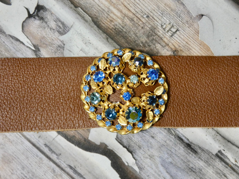 Leather Cuff Bracelet with a Repurposed Vintage Brooch, Brown leather with gold and blue brooch