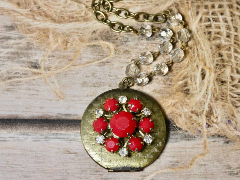 Brass round locket necklace embellished with red vintage earring