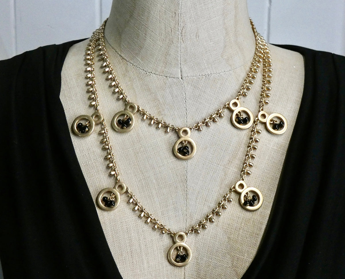 Matte gold double strand necklace, costume statement necklace