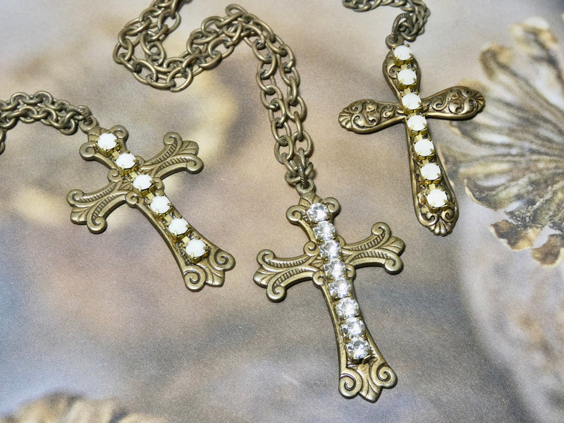 Cross Necklace, simple brass cross embellished with rhinestone detail, religious gift for him or her