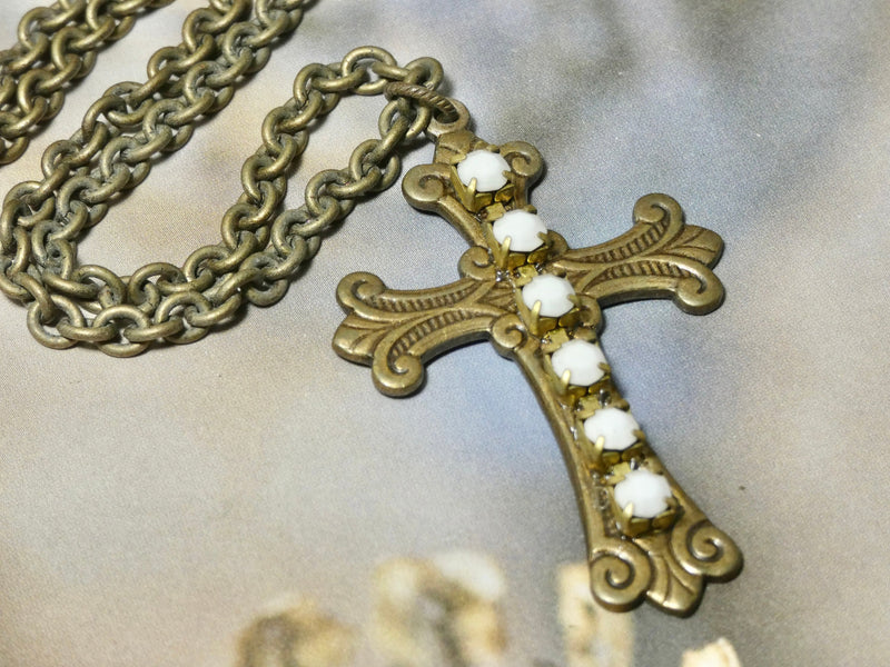 Cross Necklace, simple brass cross embellished with white rhinestone detail, perfect religious gift