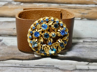 Leather Cuff Bracelet with a Repurposed Vintage Brooch, Brown leather with gold and blue brooch